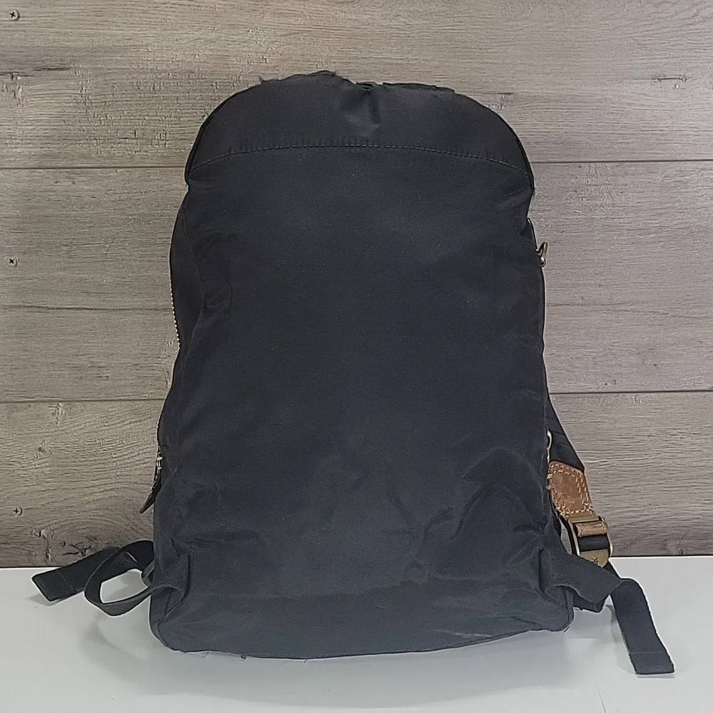 Frye Nylon Black and Brown Leather Trim Backpack with Gold Accents